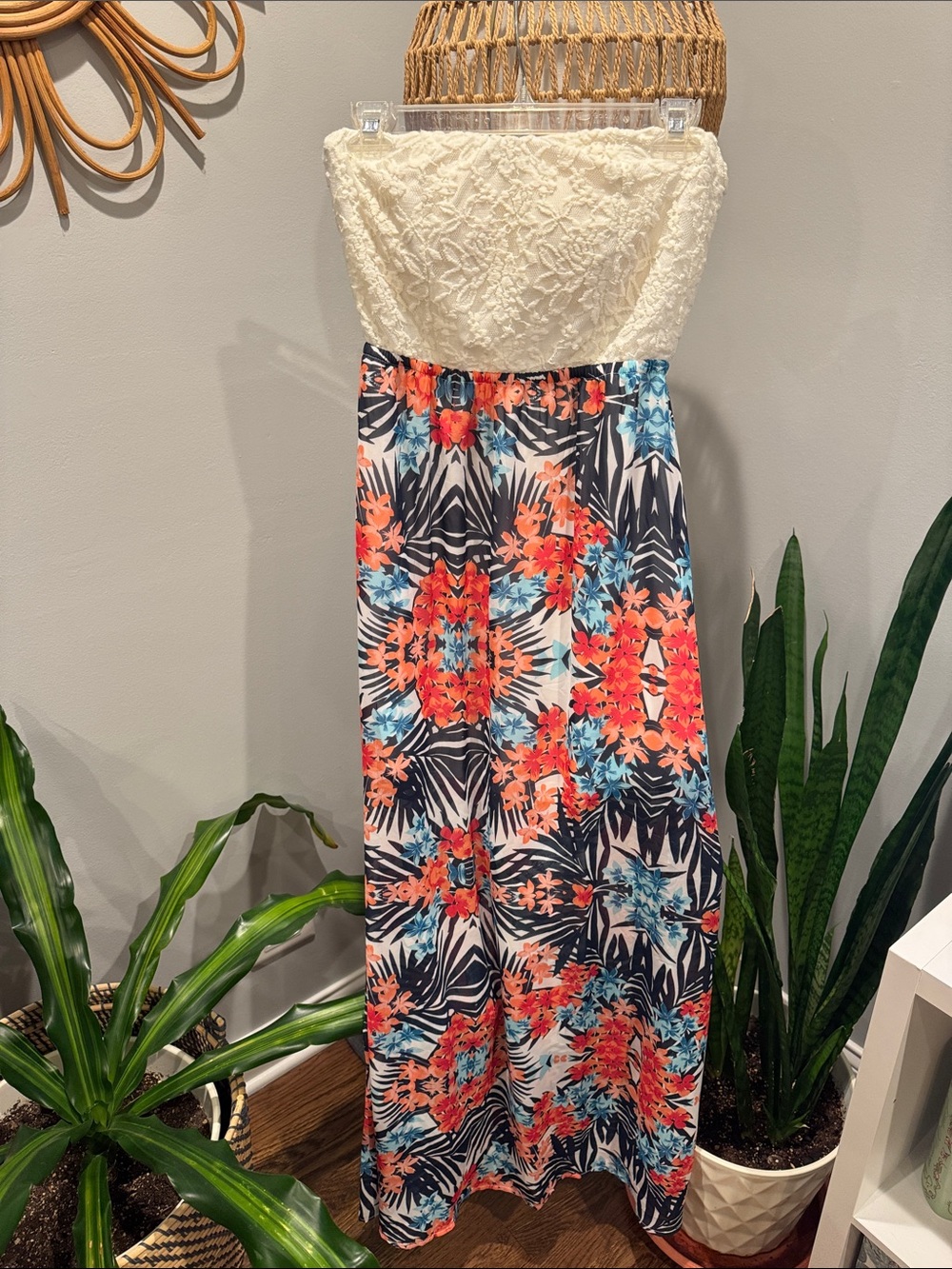 Strapless Floral Maxi Dress with Ivory Lace Bodice with Cut Out Back